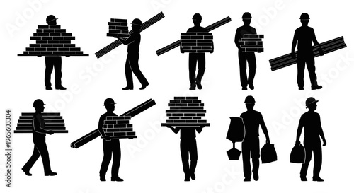 Construction workers carrying bricks and lumber, black and white silhouette