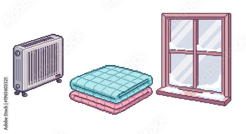 Pixel Art Cozy Winter Scene: Radiator, Blankets, Snow Window
