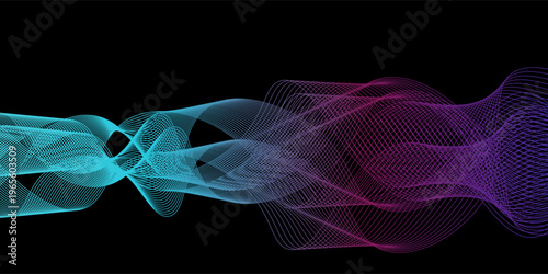 features flowing abstract waves in vibrant colors, showcasing a sleek and modern graphic style. The background is solid black, emphasizing the dynamic movement of the waves. Vector illustration