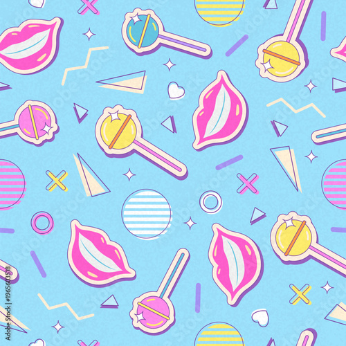 Colorful seamless retro pattern of 80s-90s with chupa chups and smiling lips. Disco banner.  Memphis style background. Vector illustration