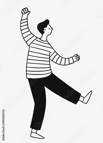 Young man in a striped sweater lifts one arm and leg in a lively dance pose. Minimal monochrome character art conveys confidence, rhythm, fun and upbeat everyday energy.