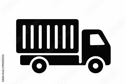 Black cargo truck icon with slatted container body. Practical transport symbol for freight delivery, goods shipment, warehouse logistics and commercial hauling.