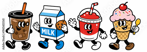 Playful mascot set with iced coffee, milk carton, soda cup, and ice cream cone. Cheerful food characters for stickers, cafe branding, kids menus, and colorful packaging design.