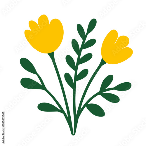 Yellow tulip style flowers with dark green leaves in a clean flat botanical composition. Minimal spring plant illustration conveying growth, optimism, and modern floral simplicity.