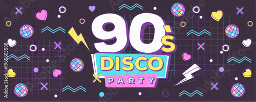 Retro disco poster or banner of 80s-90s with geometric elements and disco ball. Memphis style background. Vector illustration