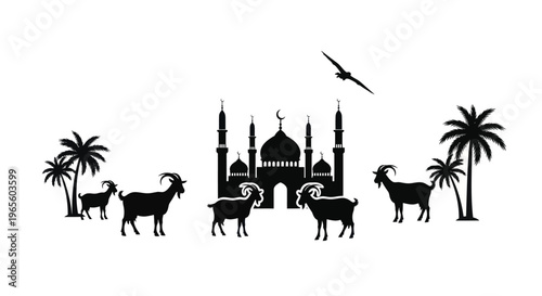 Islamic Eid al-Adha silhouette of goats and mosque, palm trees, bird