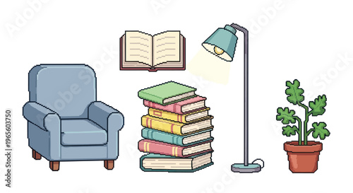 Pixel Art Armchair, Books, Lamp, and Plant for Cozy Interior Design