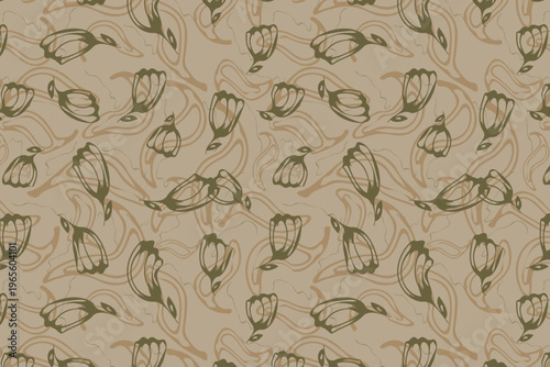 Abstract botanical leaf repeat pattern in natural shades ideal for sustainable textile design and ecofriendly packaging