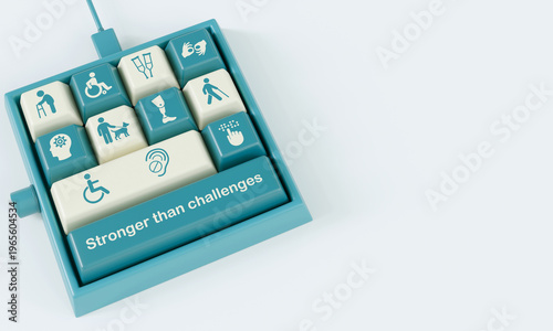 Disability icons on keyboard with copy space. 3D Rendering.