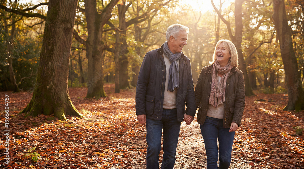 Obraz premium Happy Older Couple Walking Hand-In-Hand in Autumn Forest