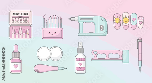 Cute pastel pink and teal nail art tools and supplies set, including acrylic kit, brushes, drill, decorated nails, and various manicure accessories on a gradient background.