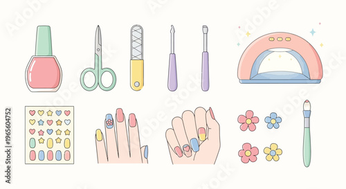 Collection of cute pastel nail art tools, accessories, and manicured hands, featuring polish, files, scissors, UV lamp, stickers, and flower decorations.
