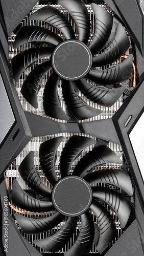 Foto Black graphics card cooling fans on computer hardware, showing detail of two rot