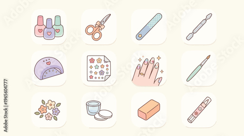 A collection of cute pastel-colored icons representing various tools and items used for nail care, manicure, and beauty treatments, including polish, files, and a UV lamp.