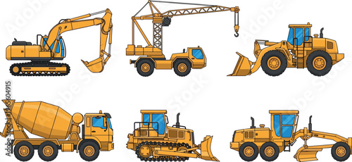 Construction machinery vector set with excavator, crane truck, loader, bulldozer, grader, cement mixer, heavy equipment collection, industrial engineering vehicles isolated on white background