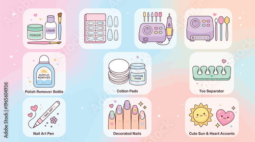 A collection of cute cartoon illustrations depicting various nail care tools, manicure supplies, and nail art accessories, including polish, removers, drills, lamps, and decorated nails.