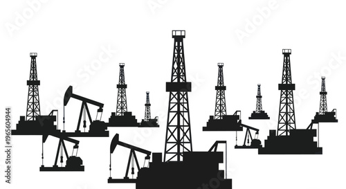 Black Silhouette of Oil Rigs and Pumpjacks on White Background