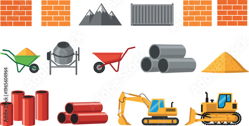 Construction materials and equipment vector set with bricks, pipes, cement mixer, wheelbarrow, excavator, bulldozer, industrial building tools, engineering elements isolated on white background