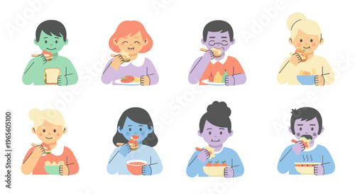 Diverse People Eating Food Flat Design Vector Illustration