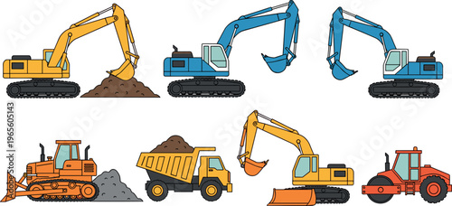Construction vehicles vector illustration set with excavators, bulldozer, dump truck, road roller, heavy equipment collection, industrial machinery, engineering transport isolated on white background