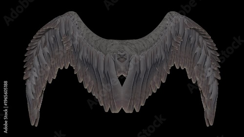 Dark Feathered Angel Wings Spread Open Against Black Background