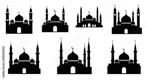 Black Silhouette Mosques Icons, Islamic Architecture, Flat Design