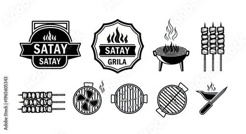 Black and White Satay Grill Icons and Symbols for Food and Restaurant