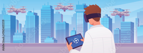 Man operating with quadcopter joystick on cityscape, drone operator using UAV unmanned aerial vehicle flat vector