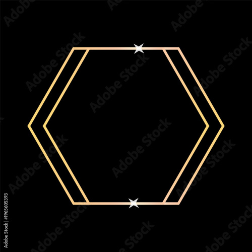 Golden hexagon frame. Dark background Vector. Sparkling star detail. Luxury geometric border. Manual vector only. No autotrace used.