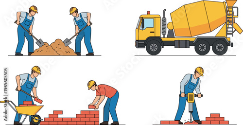 Construction workers vector illustration set with digging, bricklaying, drilling, cement mixer truck, industrial labor activities, engineering tools, building process, flat design isolated background