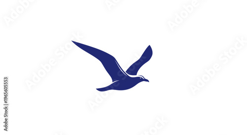 Stylized blue seagull flying isolated on white background. Simple minimalist bird graphic design element or icon illustration.