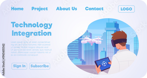 Technology integration landing page vector flat design, man drone operator using UAV quadcopter joystick on cityscape