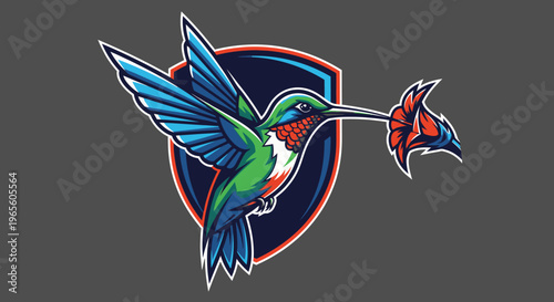 Dynamic Hummingbird Vector Illustration with Red Flower and Stylized Shield Emblem. Colorful Avian Graphic Design.