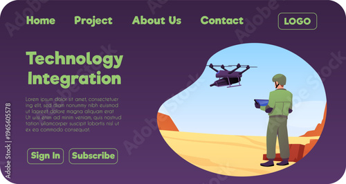 Website page featuring a soldier in the desert, controlling a drone with a tablet.