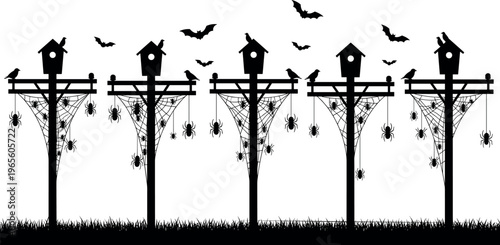 Halloween spooky silhouette with birdhouses, bats, spiders, cobwebs, fence and grass, eerie night scene, horror decoration vector illustration isolated on white background