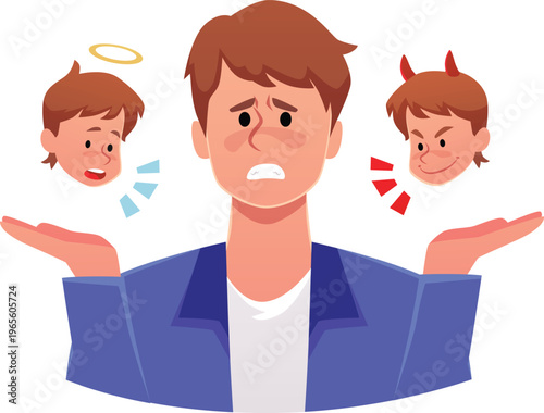 Confused young man with devil and angel on different sides, vector flat worried guy feel doubtful about wrong decision