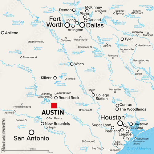 Texas Triangle Megaregion, United States, political map. Texas five largest cities and metros Houston, San Antonio, Dallas, Fort Worth and the capital Austin, forming a triangle shaped cluster. Vector