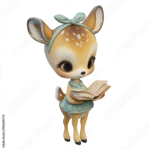 Cute baby deer illustration holding open book, woodland fawn character in teal dress and bow, isolated on white