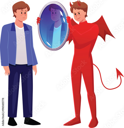 A devil in a red suit with horns, a tail, and wings holds a mirror in front of a sad man in a suit.