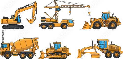 Heavy construction machinery vector set including excavator, crane truck, loader, bulldozer, grader, cement mixer, industrial vehicles collection, engineering equipment isolated on white background