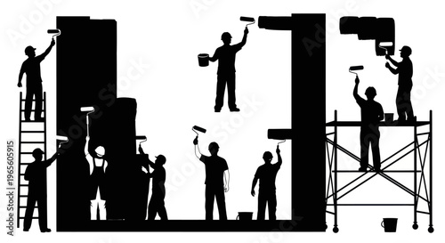 Construction Workers Painting Building Silhouette Vector Art