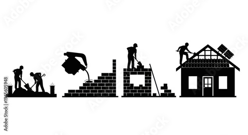 Black and White Silhouette of Construction Workers Building a House