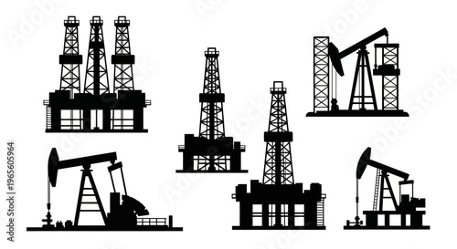 Black Silhouette Oil Rigs and Pump Jacks on White Background