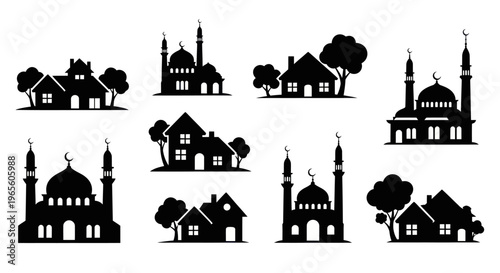 Islamic Mosques and Houses Silhouettes Black and White Vector Icons