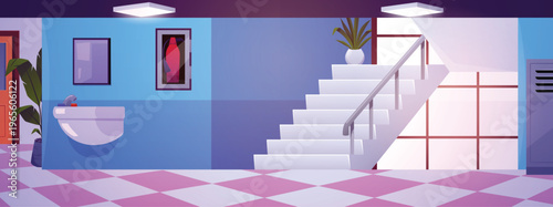 School corridor vector flat illustration, cartoon hallway interior with stairs, lockers, potted plants, sink with mirror