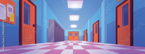 School corridor vector flat illustration, cartoon hallway interior with lockers, classroom doors and information board