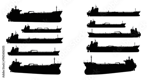 Black Silhouette Cargo Ship Fleet, Transportation Industry Vector