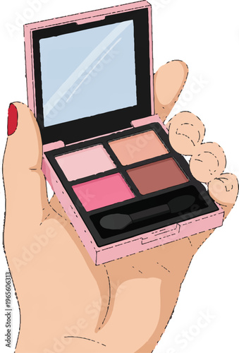 Palette of Beauty: An artistic close-up of a hand delicately holding a makeup palette, featuring a spectrum of vibrant eyeshadows and a small mirror.