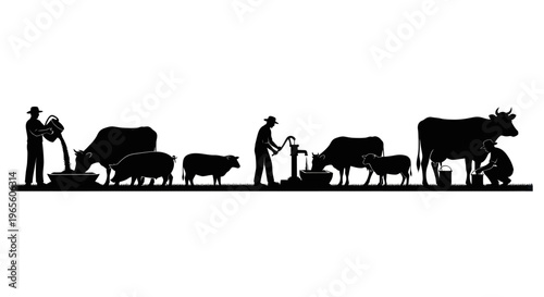 Farm Silhouette: Farmers Watering and Milking Cows and Pigs