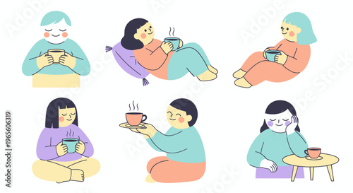 Cozy People Enjoying Coffee, Tea, Relaxing, Illustration, Flat Design